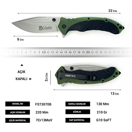 Columbia Company FST-3070-B Kamp Bıçağı Seti, Çakı, Fener ve Ateşleyici Magnezyum Çubuğu Üçü Bir Arada Yeşil